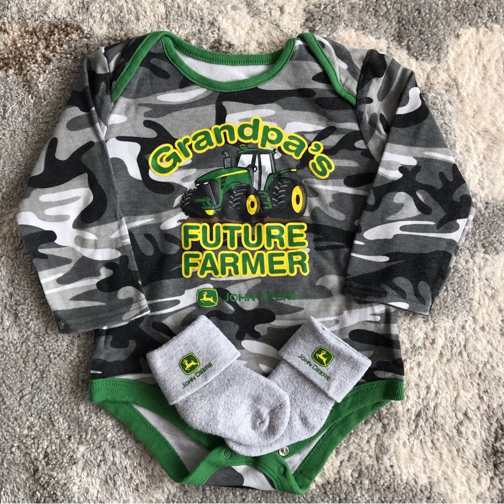 John Deere long sleeve grandpa’s future farmer onesie with matching socks